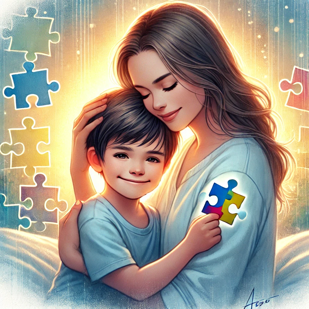 Madre abrazando a su hijo con autismo en una escena emotiva y cálida, simbolizando amor, conexión y superación en su relación.