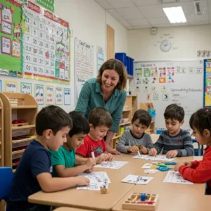Niños con autismo participando en una actividad de aprendizaje en un aula TEA estructurada, con tarjetas visuales y horarios en la pared, fomentando la comunicación y el desarrollo.