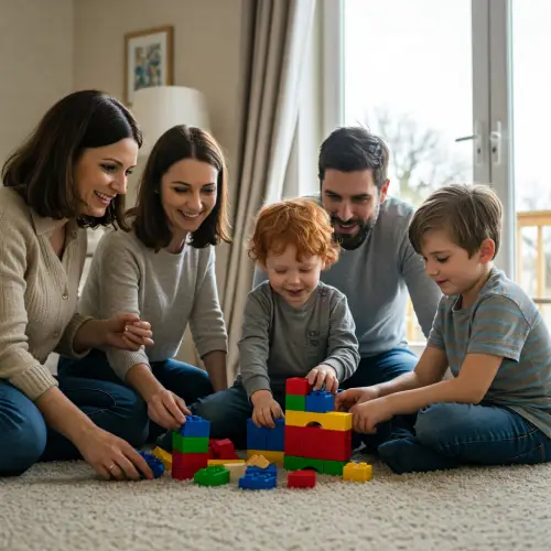 Familia interactuando con un niño autista en casa, mostrando apoyo, empatía y conexión emocional en un entorno cálido
