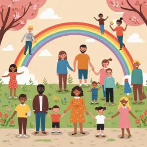 Ilustración colorida del espectro autista con personas diversas conectadas por un arcoíris, representando inclusión y apoyo